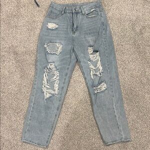 Blue Straight Leg Distressed Jeans